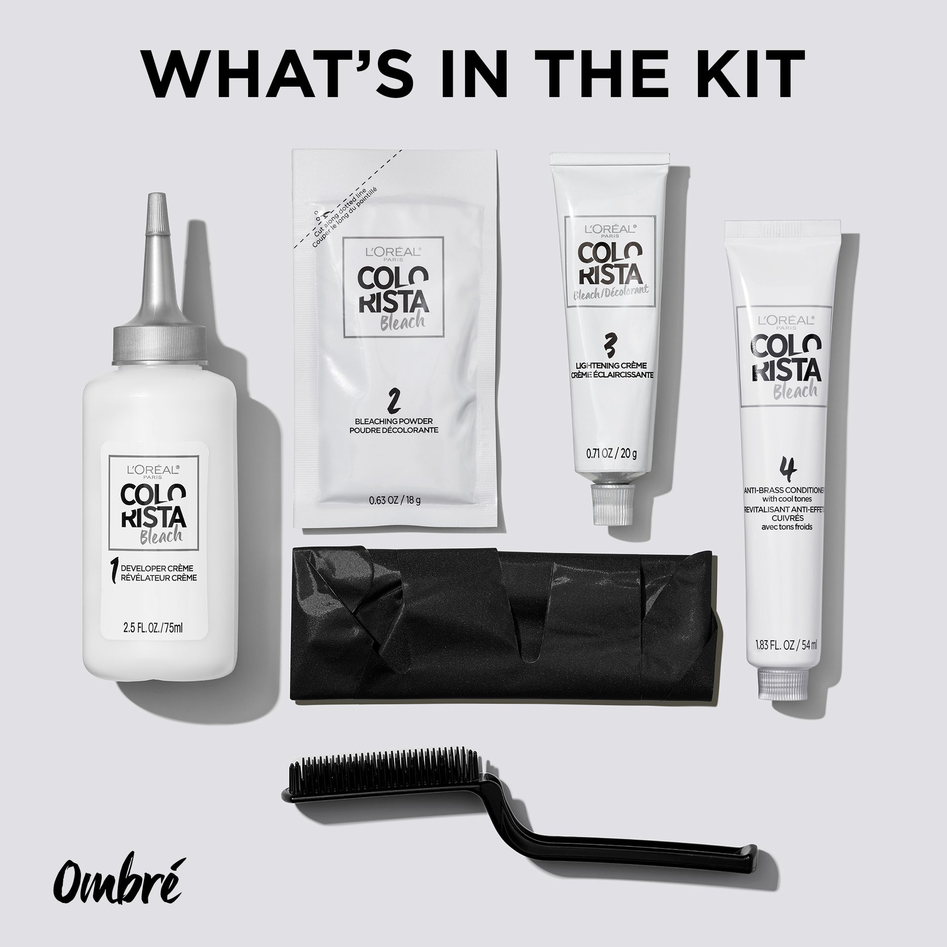 Included in the kit- Developer Creme, Lightening Creme, and Anti-Brass Purple Conditioner